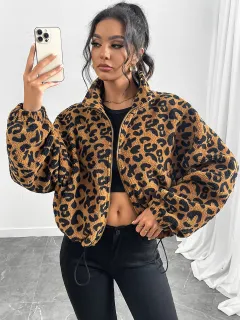 Women's Loose Cardigan Zipper Leopard Print Plush Coat - Yellow - View 1