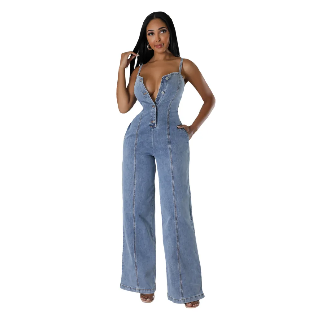 Women's Clothing Fashion Suspenders Denim Jumpsuit - Light Blue