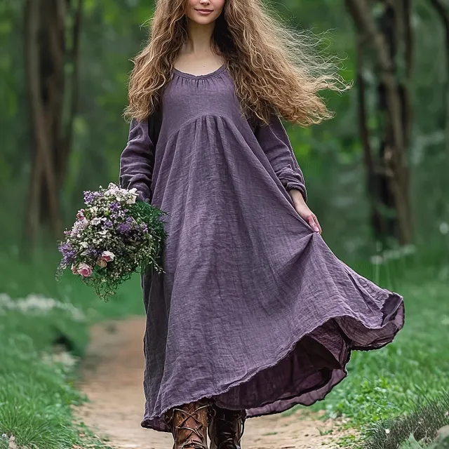 Linen Retro Bohemian Pleated High Waisted Casual Dress Purple - Shop at LoveMi