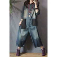 Retro Personality Plus Size Patch Large Pocket Jumpsuit - Nostalgic Denim Blue - View 1
