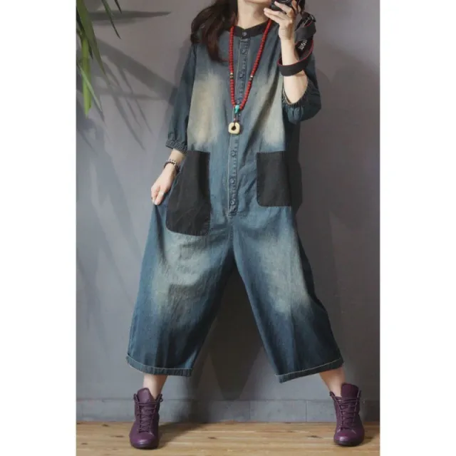 Retro Personality Plus Size Patch Large Pocket Jumpsuit Nostalgic Denim Blue - Shop at LoveMi