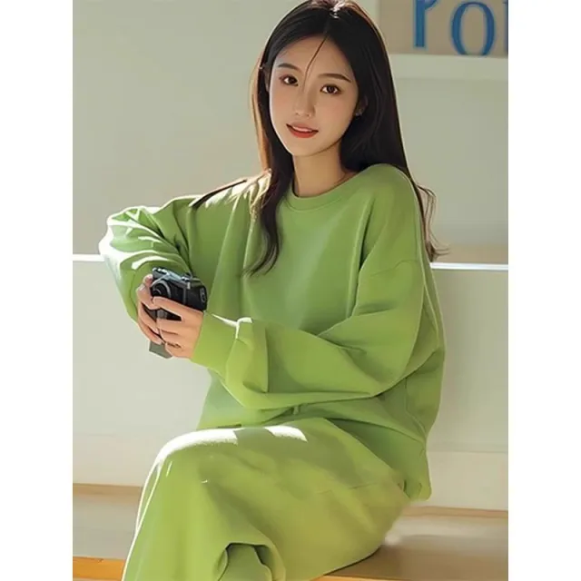 Women's Solid Color Casual Round Neck All matching Sweater Pants Green Top - Shop at LoveMi