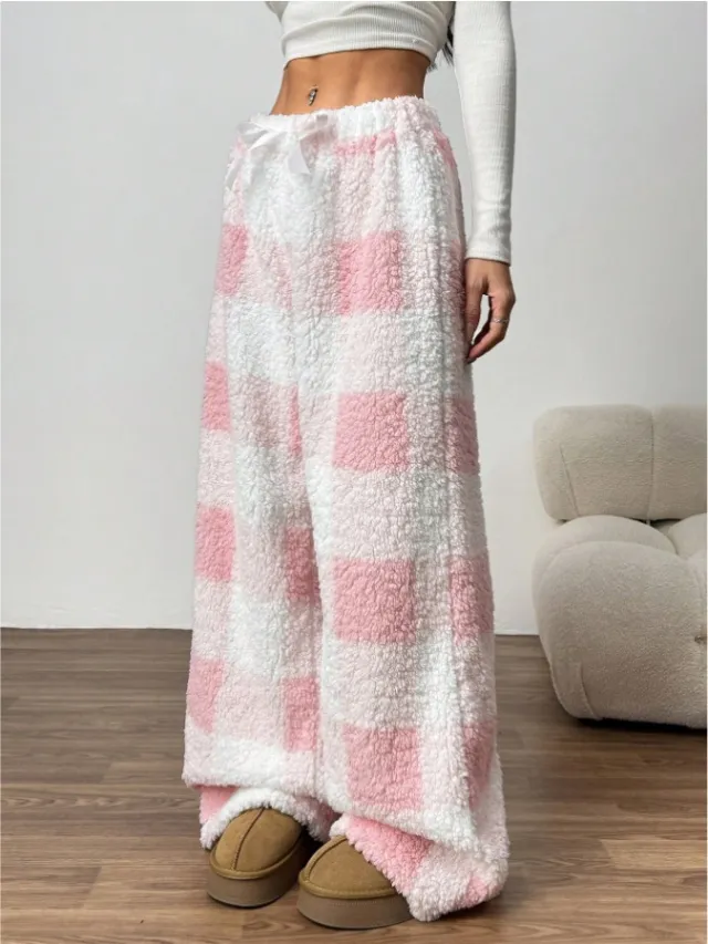 Women's Casual Loose Casual Checkered Pants Pink Plaid - Shop at LoveMi