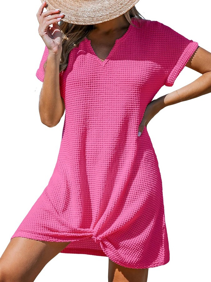 Polyester Women's Springsummer Beach V neck Knot Blouse Dress Rose - Shop at LoveMi