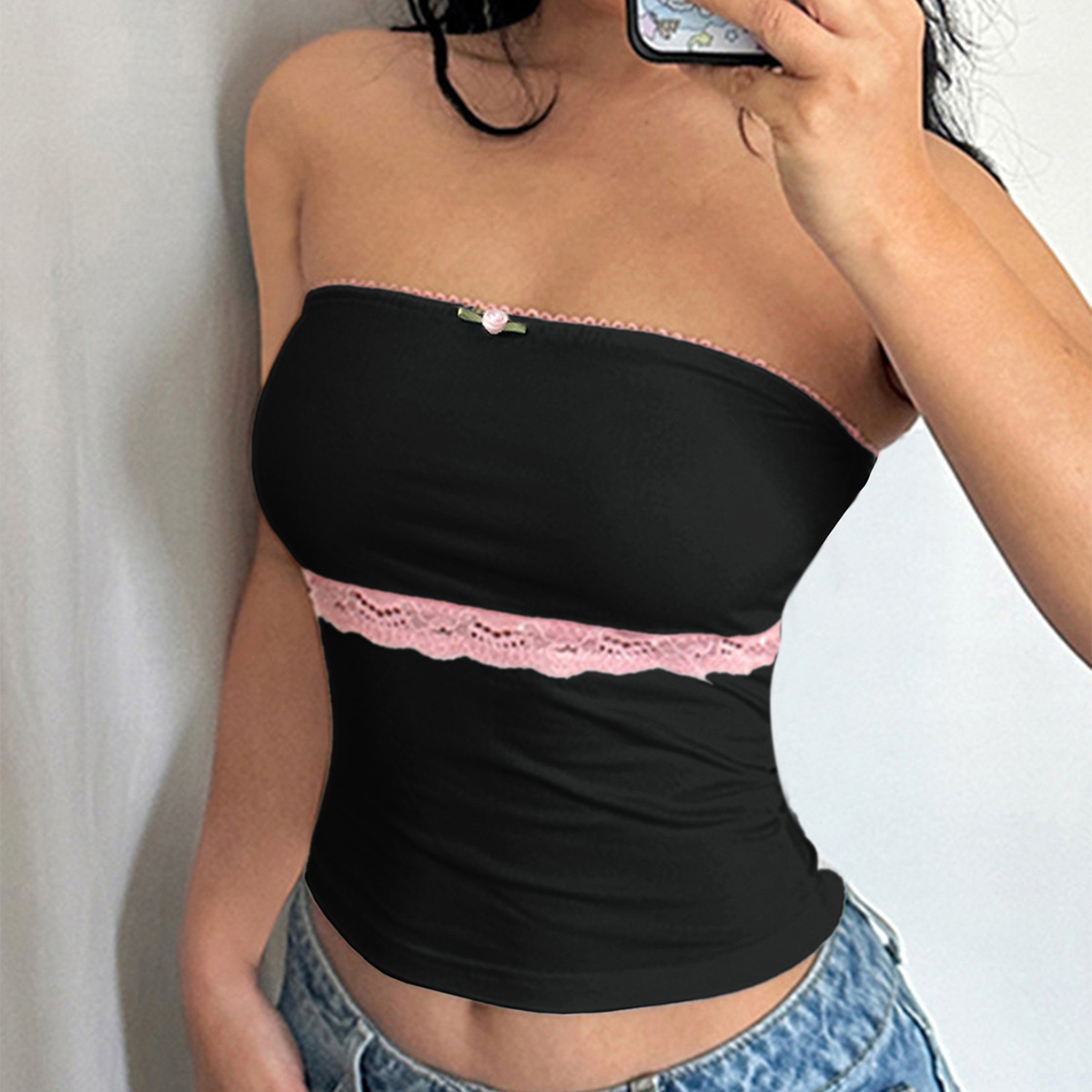 Contrast Color Lace Stitching Tube Top Vest Slim Top