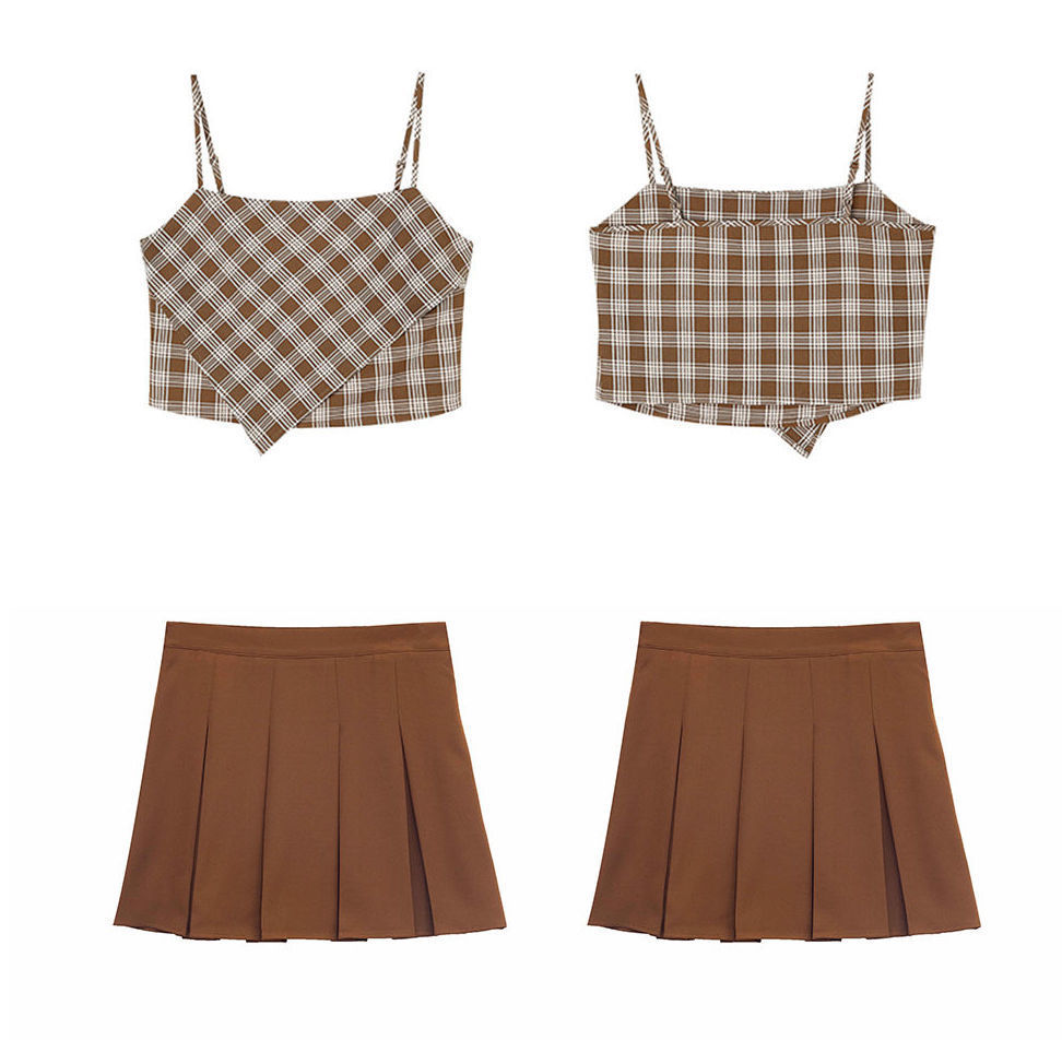 Long-sleeved Cardigan Plaid Tube Top Three-piece Set Suit