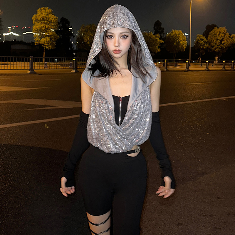 Halterneck Vest Hooded Sleeveless Blouse Two-piece Set