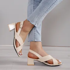 Women's Fashion Chunky Heel Ankle-strap Sandals - Beige - View 1