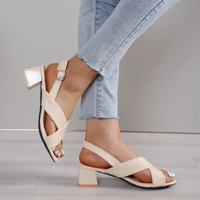 Women's Fashion Chunky Heel Ankle strap Sandals Beige - Shop at LoveMi