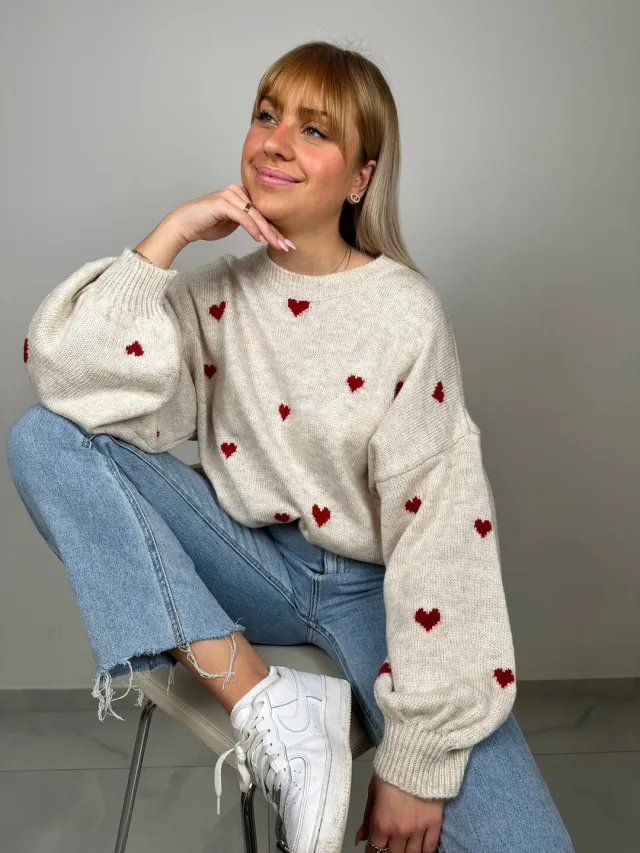 Knitted Heart Round Neck Casual Sweater Red Heart - Shop at LoveMi