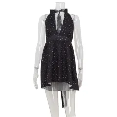 Arrival Fashionable Elegant Polka-Dot Printed Deep V-Neck Dress - Black - View 1