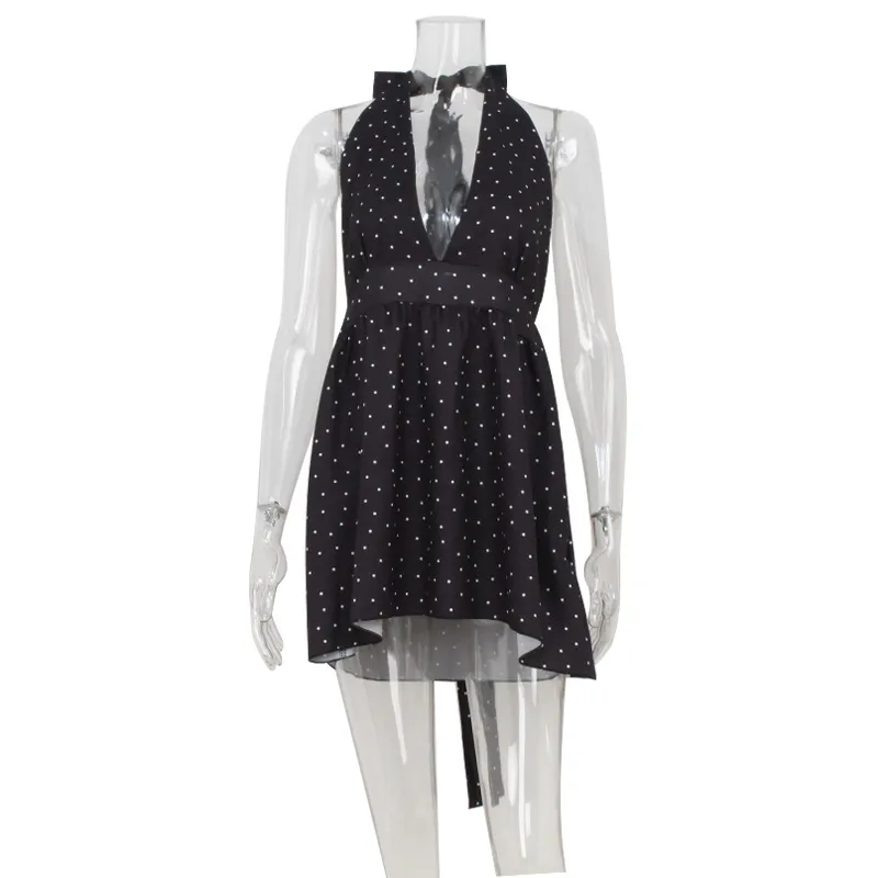 Arrival Fashionable Elegant Polka-Dot Printed Deep V-Neck Dress - Black