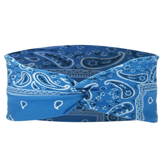 Printed Sports Headband Elastic Knotted Cross Hair Band Paisley Turban Blue - Shop at LoveMi