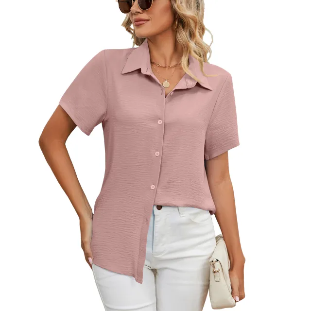 Women's Summer Anti wrinkle V neck Casual Loose Solid Color Shirt Top Pink - Shop at LoveMi
