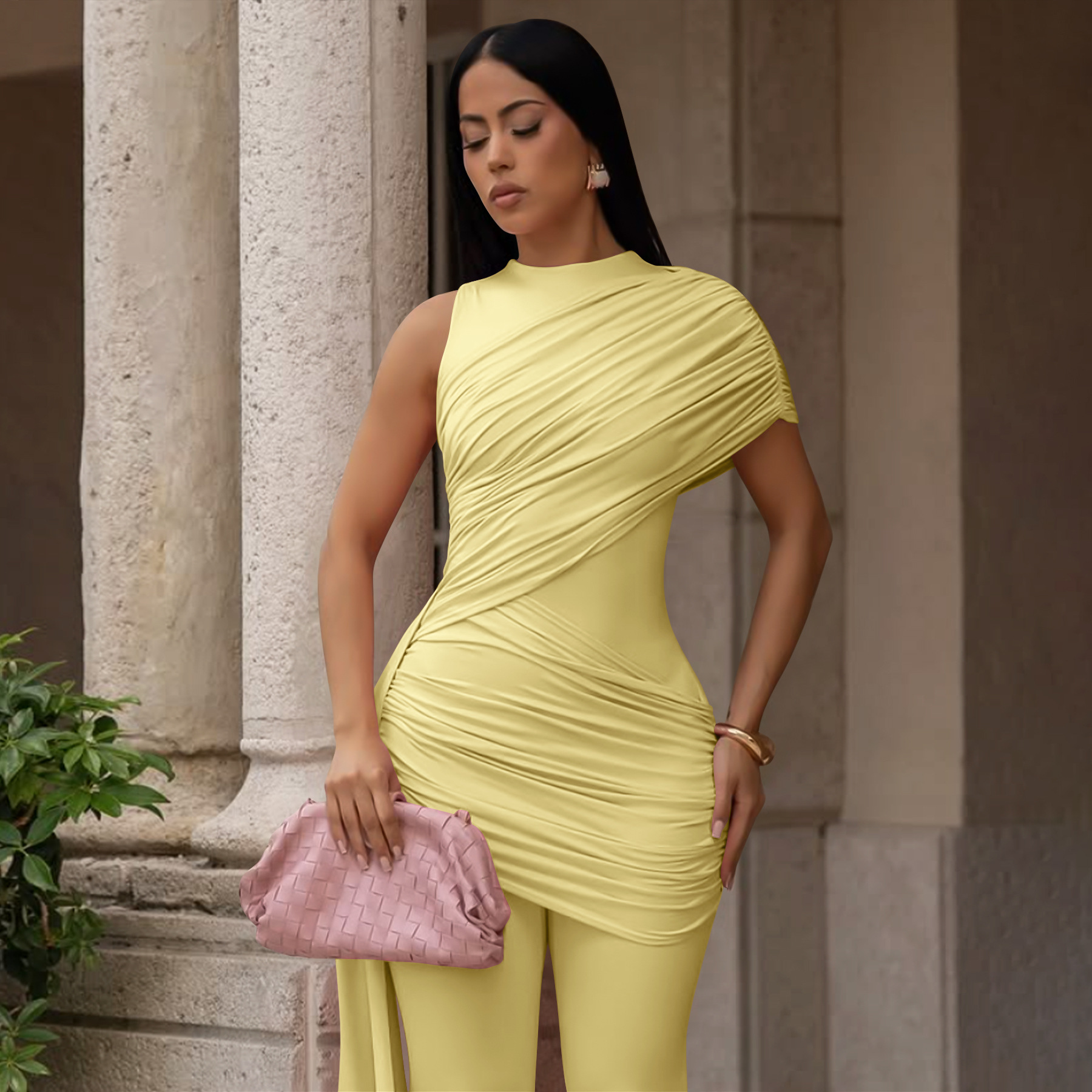 Women's Pleated Ribbon Jumpsuit in Pink – feminine street style