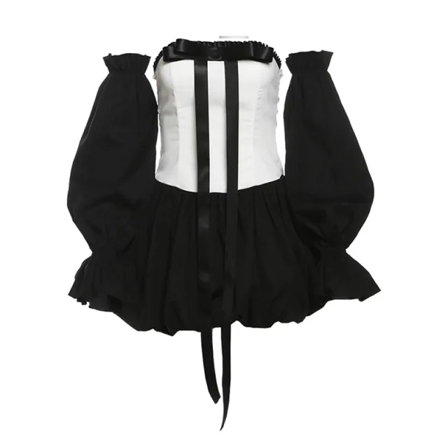 Contrast Color Fashion Bow Tube Top Cinched Waist Bud Skirt Dress White - Shop at LoveMi