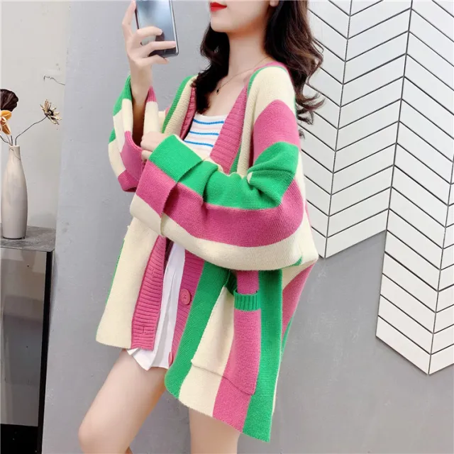 Striped Color Stitching Knitted Cardigan Sweater Coat For Women Green Pink - Shop at LoveMi