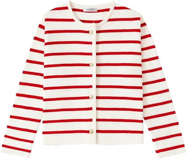 Women's Striped Cardigan Sweater Fashion Long Sleeve Button Red - Shop at LoveMi