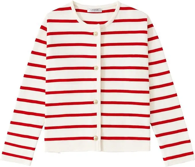 Women's Striped Cardigan Sweater Fashion Long Sleeve Button - Red