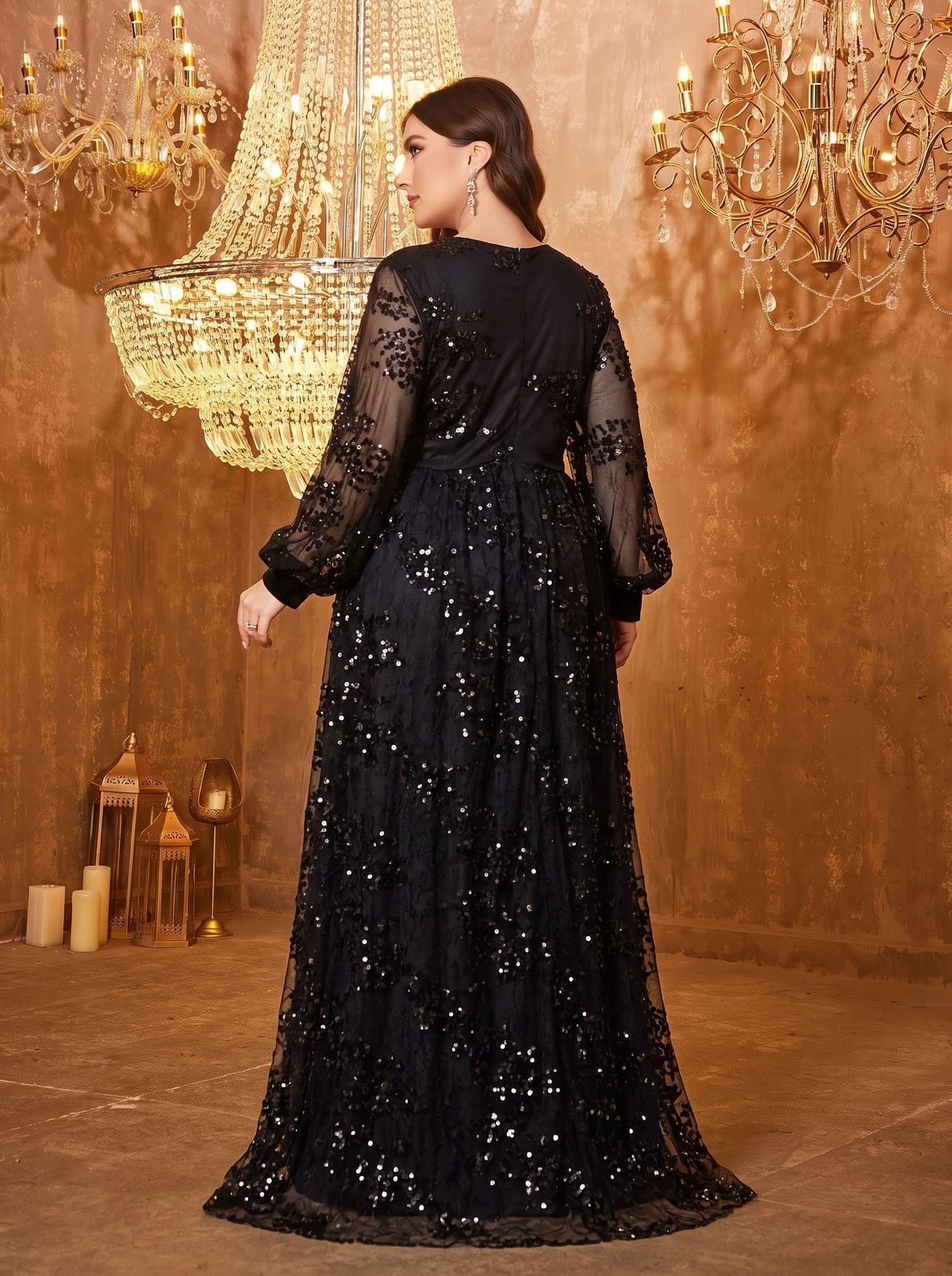 Long Sleeve Sequin Mesh Dress