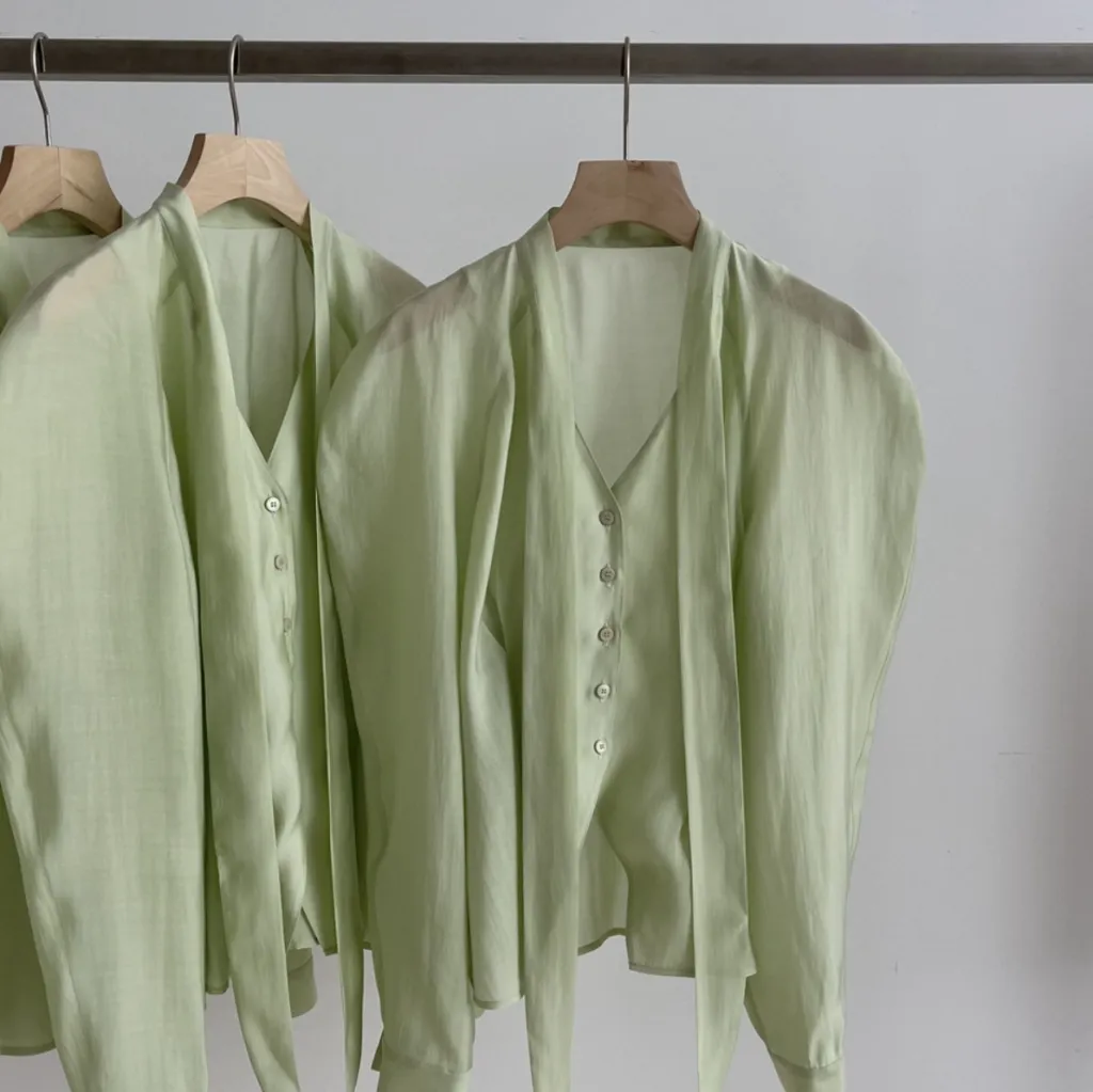 V-neck Lace Up Single-breasted Curved Design Shirt Top - Green
