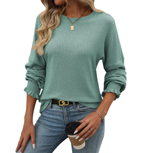 Loose Casual Sunken Stripe Long sleeved T shirt For Women Green - Shop at LoveMi