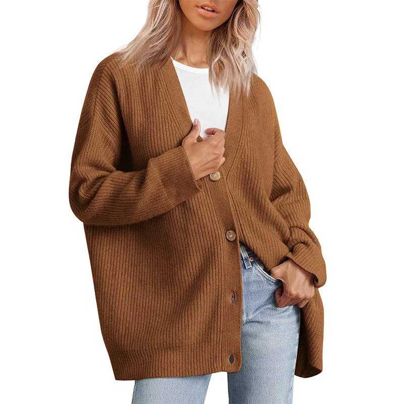 European And American Style Simple All-match Knitted Button V-neck Solid Color Sweater - Dark Brown