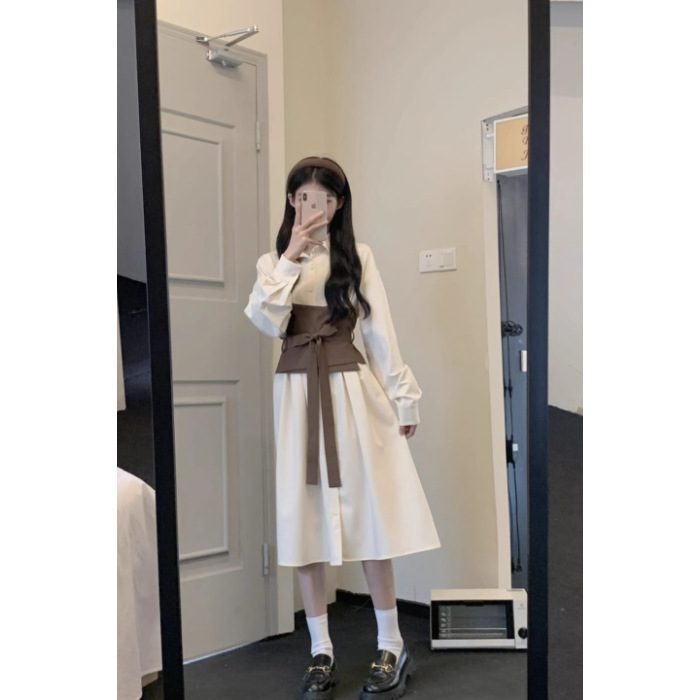 Long Sleeve Shirt Skirt Women's Temperament Slimming Dress Beige Apricot - Shop at LoveMi