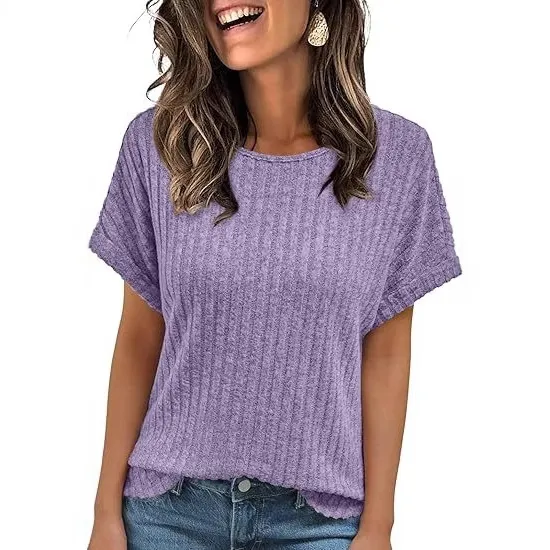 Solid Color Round Neck Sunken Stripe Casual Short sleeved T shirt For Women Light Purple - Shop at LoveMi