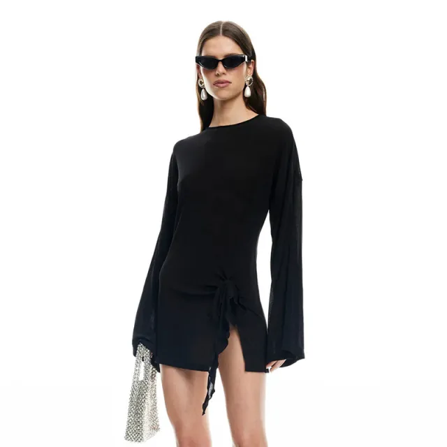 Elegant Solid Color Crew Neck Long Sleeve Waist Cinching Lace Up Dress Black - Shop at LoveMi