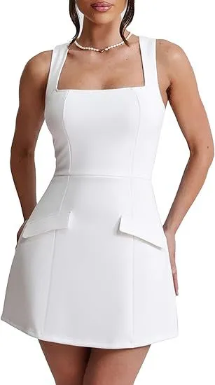 Women's Sexy Skinny Sleeveless Square Collar Mini Dress White - Shop at LoveMi