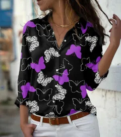 Autumn New Butterfly Print Long-sleeved Shirt For Women - Purple - View 1