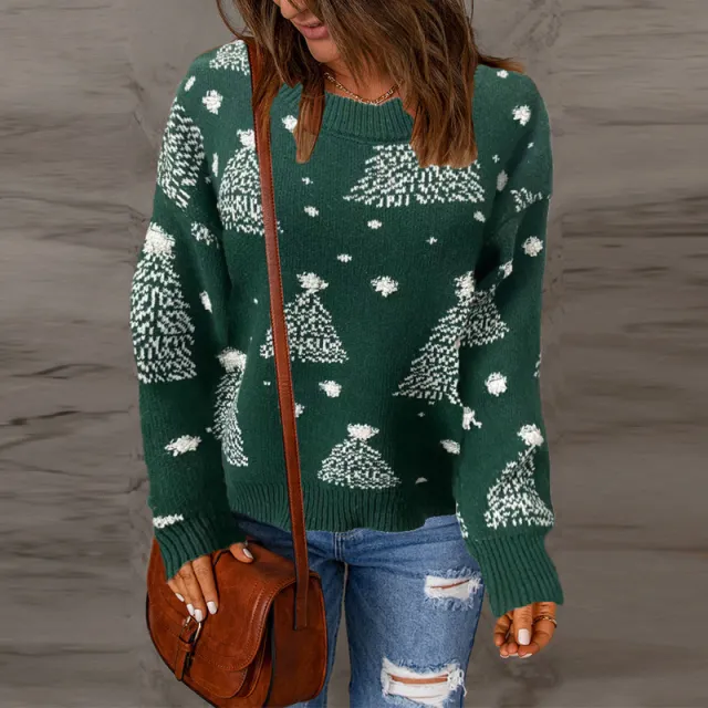 Christmas Sweater Round Neck Long Sleeved Pullover Knitted Jacket For Women Green - Shop at LoveMi