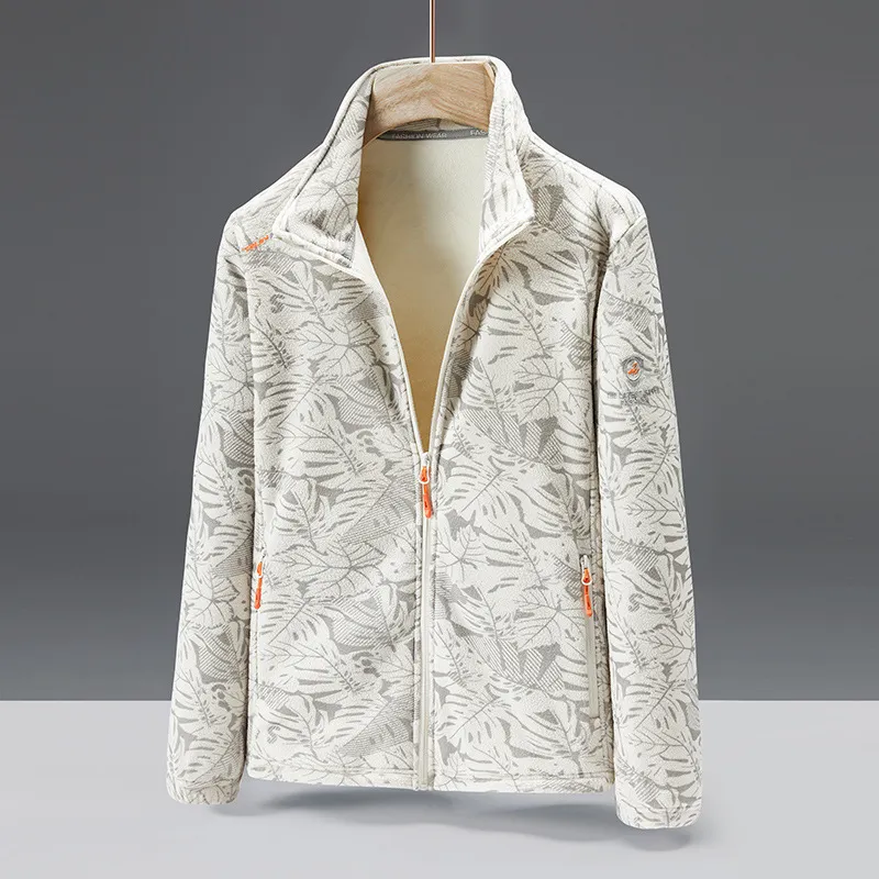 Autumn And Winter New Outdoor Leisure Fleece Sweater Maple Leaf Pattern - Ivory White