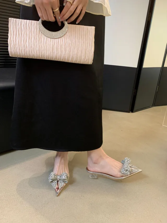 Thick Heel Pointed Sexy Rhinestone High Heels Single Shoes Silver - Shop at LoveMi