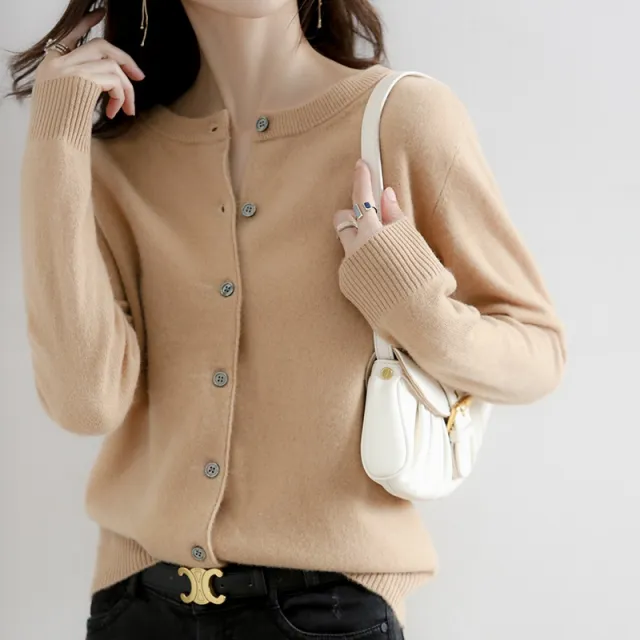 Women's Solid Color Loose Round Neck Knitted Sweater Coat Camel Yellow - Shop at LoveMi