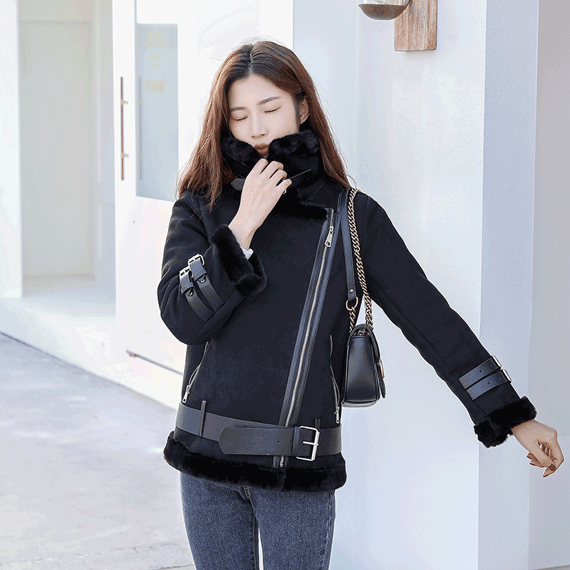 Autumn And Winter Thickened Fur Sheep Short Coat Women's Cotton padded Coat Fur Cotton padded Coat Small Black Belt - Shop at LoveMi