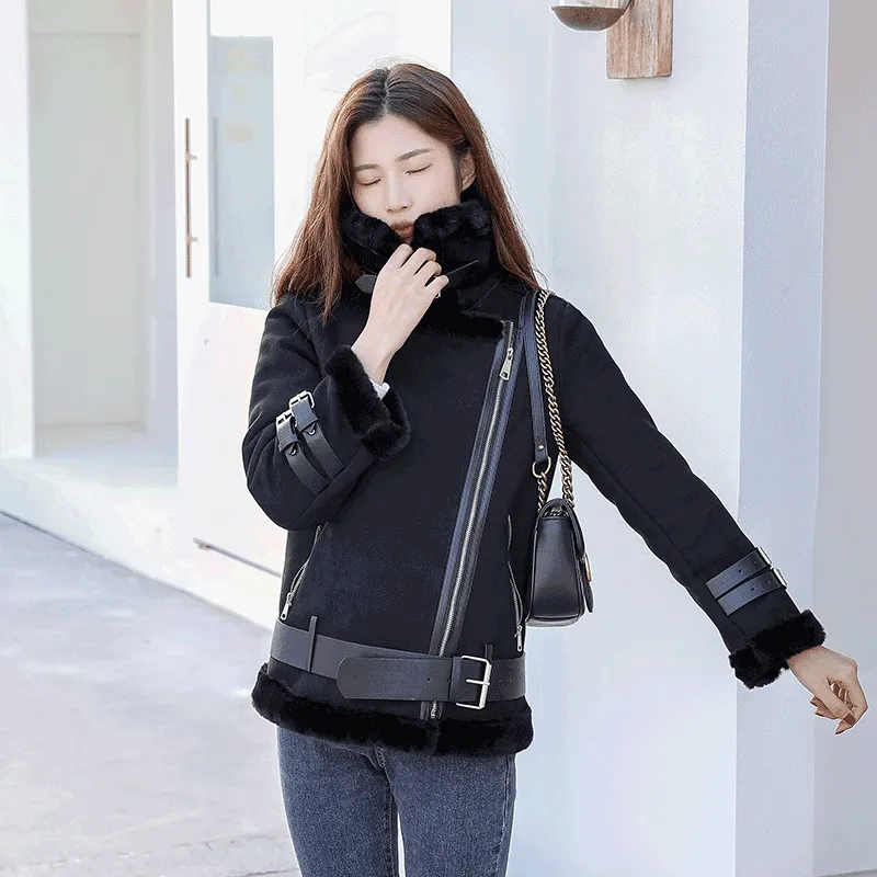 Autumn And Winter Thickened Fur Sheep Short Coat Women's Cotton-padded Coat Fur Cotton-padded Coat Small - Black Belt