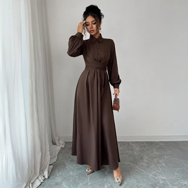 Women's Solid Color Simple And Stylish Button Down Long Sleeve Dress Brown - Shop at LoveMi