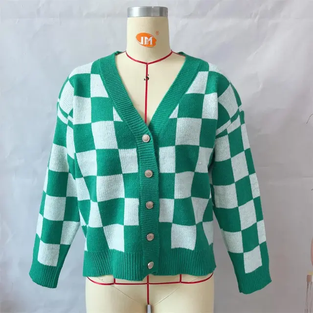 Asian Contrast Color Chessboard Plaid Autumn And Winter Women's Sweater Green - Shop at LoveMi