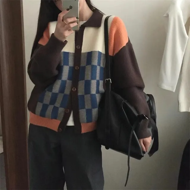 Color Matching Plaid Lapel Single Breasted Knitted Cardigan Sweater Brown - Shop at LoveMi