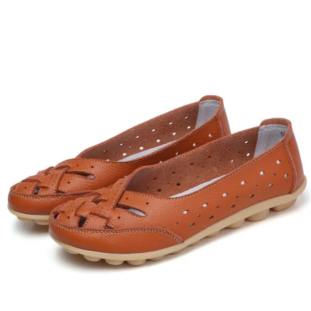 Women's Middle aged And Elderly Hollow Hole Flat Gommino Round Head Soft Bottom Orange - Shop at LoveMi