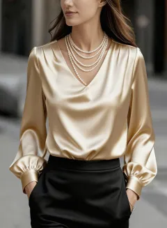 French-style Elegant And Sophisticated Satin Long-sleeve Blouse With Bubble Sleeves And A V-neck - Apricot - View 1