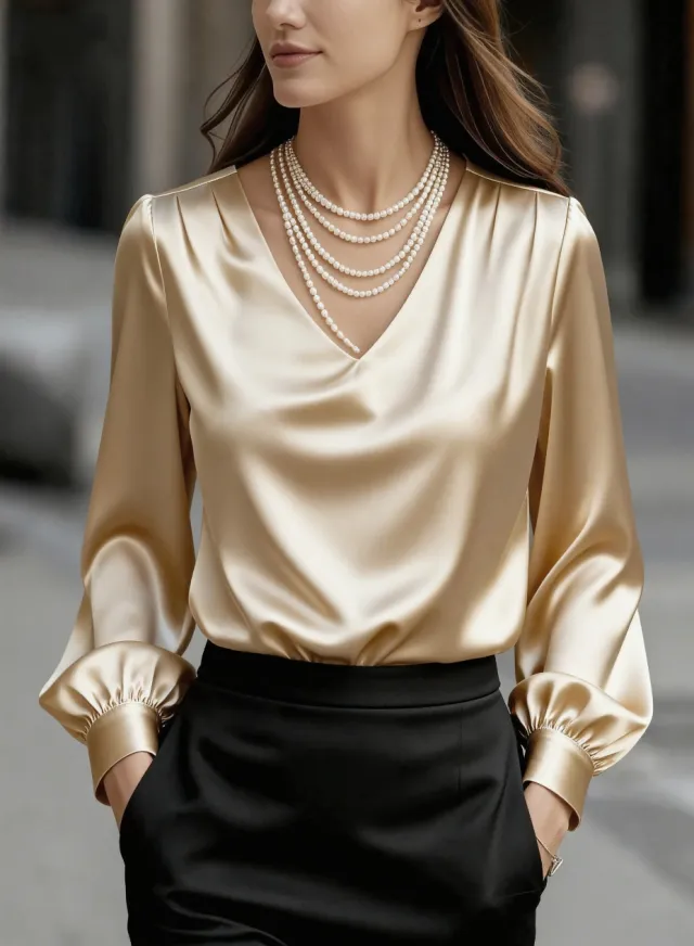 French style Elegant And Sophisticated Satin Long sleeve Blouse With Bubble Sleeves And A V neck Apricot - Shop at LoveMi
