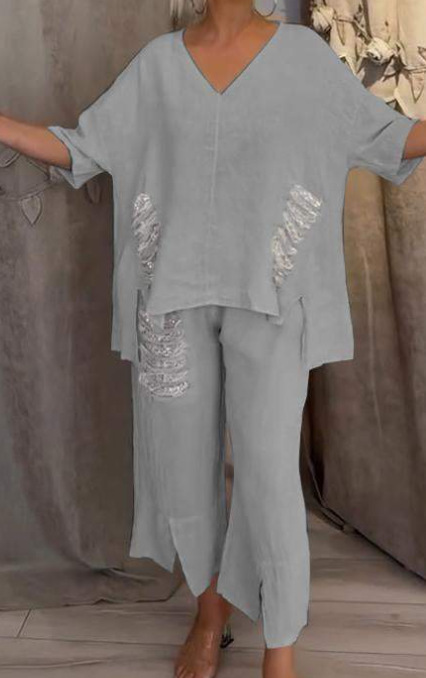 Women's Casual Cotton Linen V neck Top Ripped Suit Gray - Shop at LoveMi
