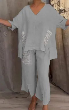 Women's Casual Cotton Linen V-neck Top Ripped Suit - Grey - View 1