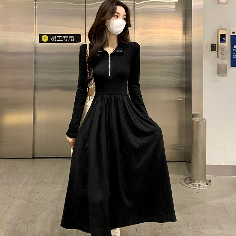 Womens Black Long-sleeve Casual Dress