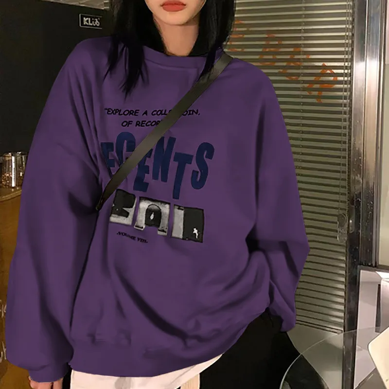 Fleece-lined Loose-fitting Casual Pullover Women's Fall Winter Coat Vintage Round Neck - Deep Purple