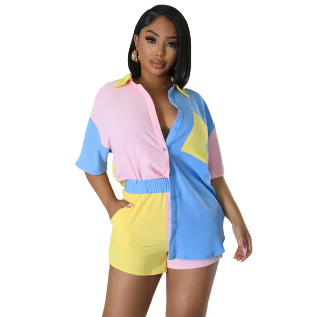Spring And Summer Color Block Stitching Short sleeved Shirt Pocket Shorts Suit L455 Yellow - Shop at LoveMi