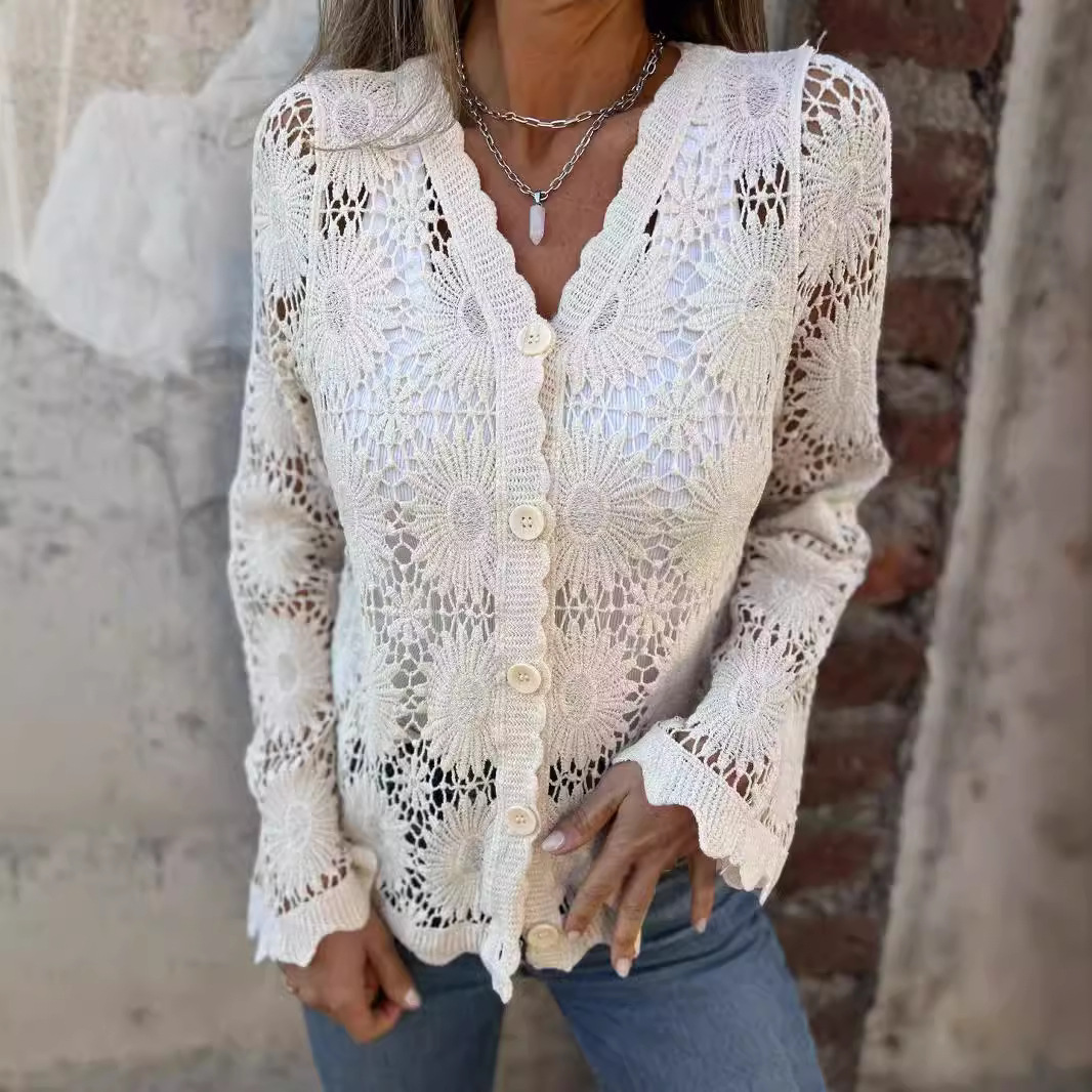Women's Lace V-neck Long Sleeve Top